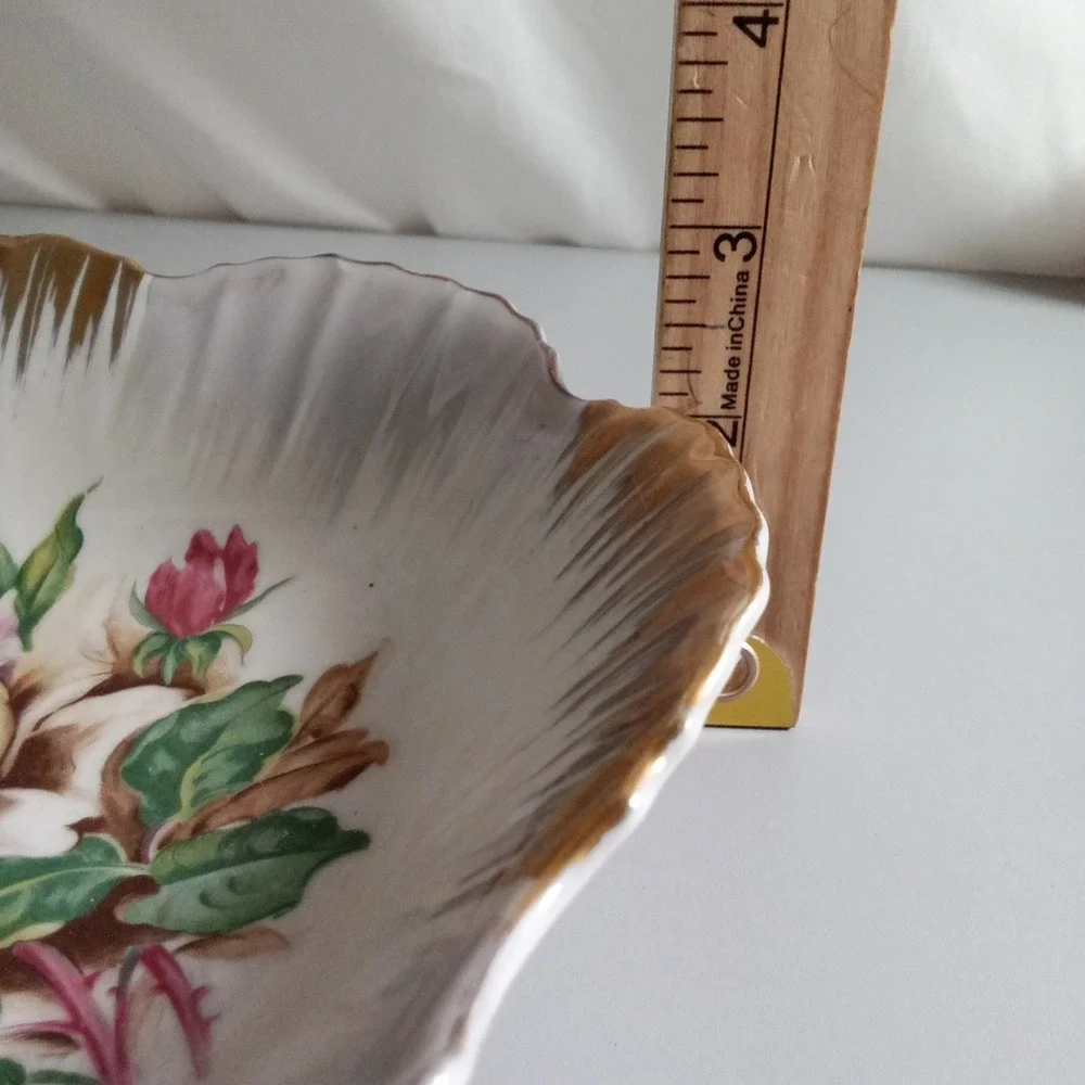 Vintage Porcelain Scalloped Rose Bowl Gold Trim Pierced Handle Floral 8 Inch